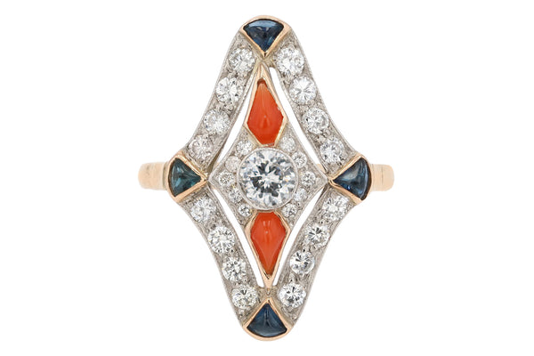Vintage Art Deco Diamond Sapphire and Coral Cocktail Ring