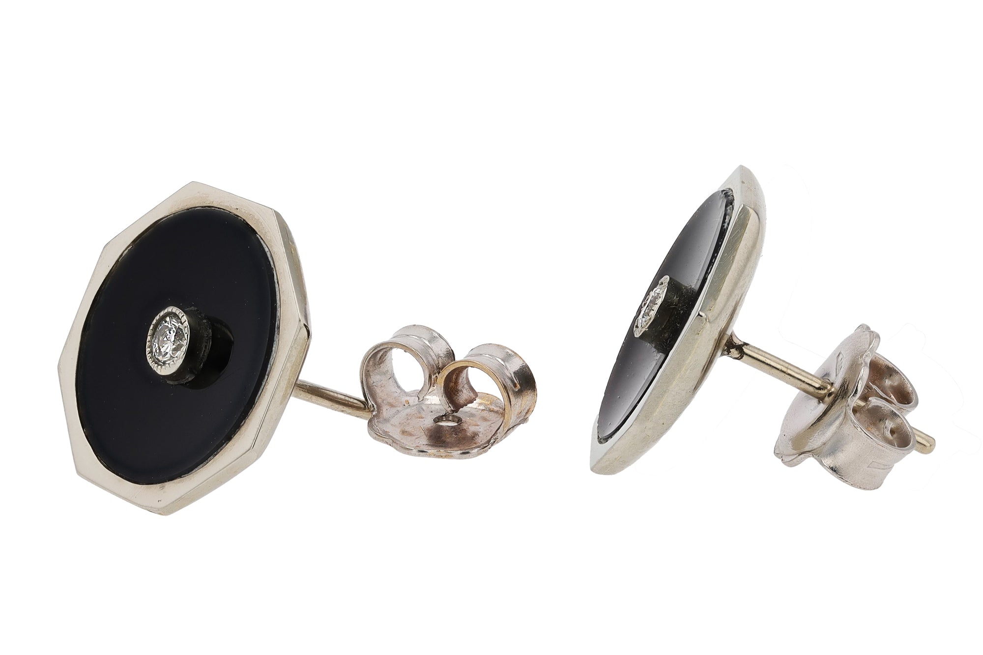 Vintage Art Deco 18k White Gold, Black Onyx and Diamond Octagon Earrings