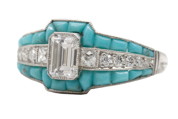 Vintage Emerald Cut Diamond and Turquoise Engagement Ring