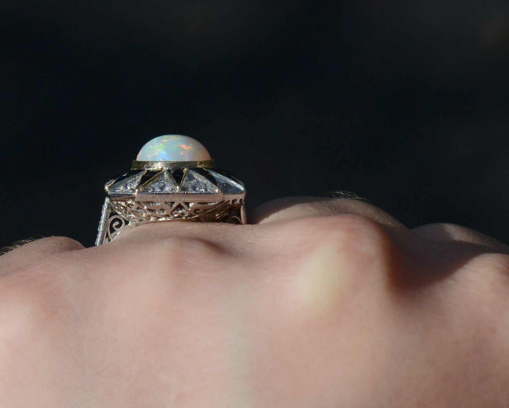 Art Deco Inspired Opal Diamond Onyx Sunburst Cocktail Ring