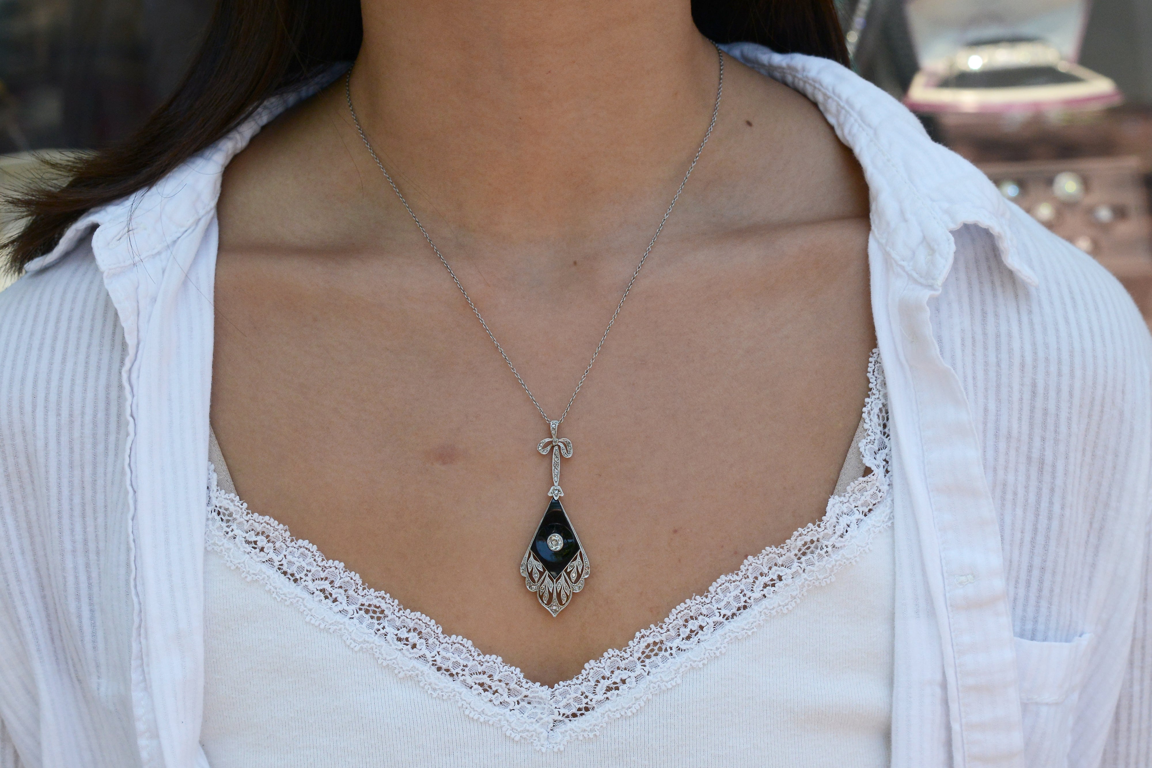 Antique Edwardian Black Onyx Diamond Bow Necklace