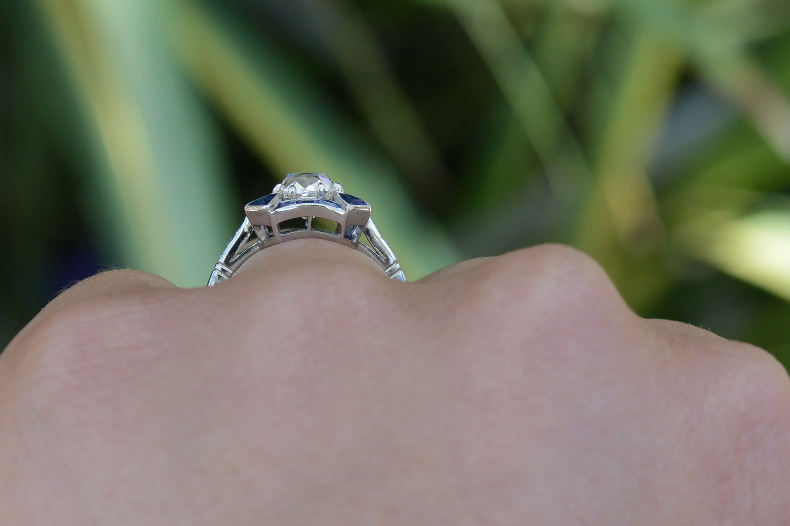 Antique 1.11 Carat Old Mine Diamond & Sapphire Engagement Ring