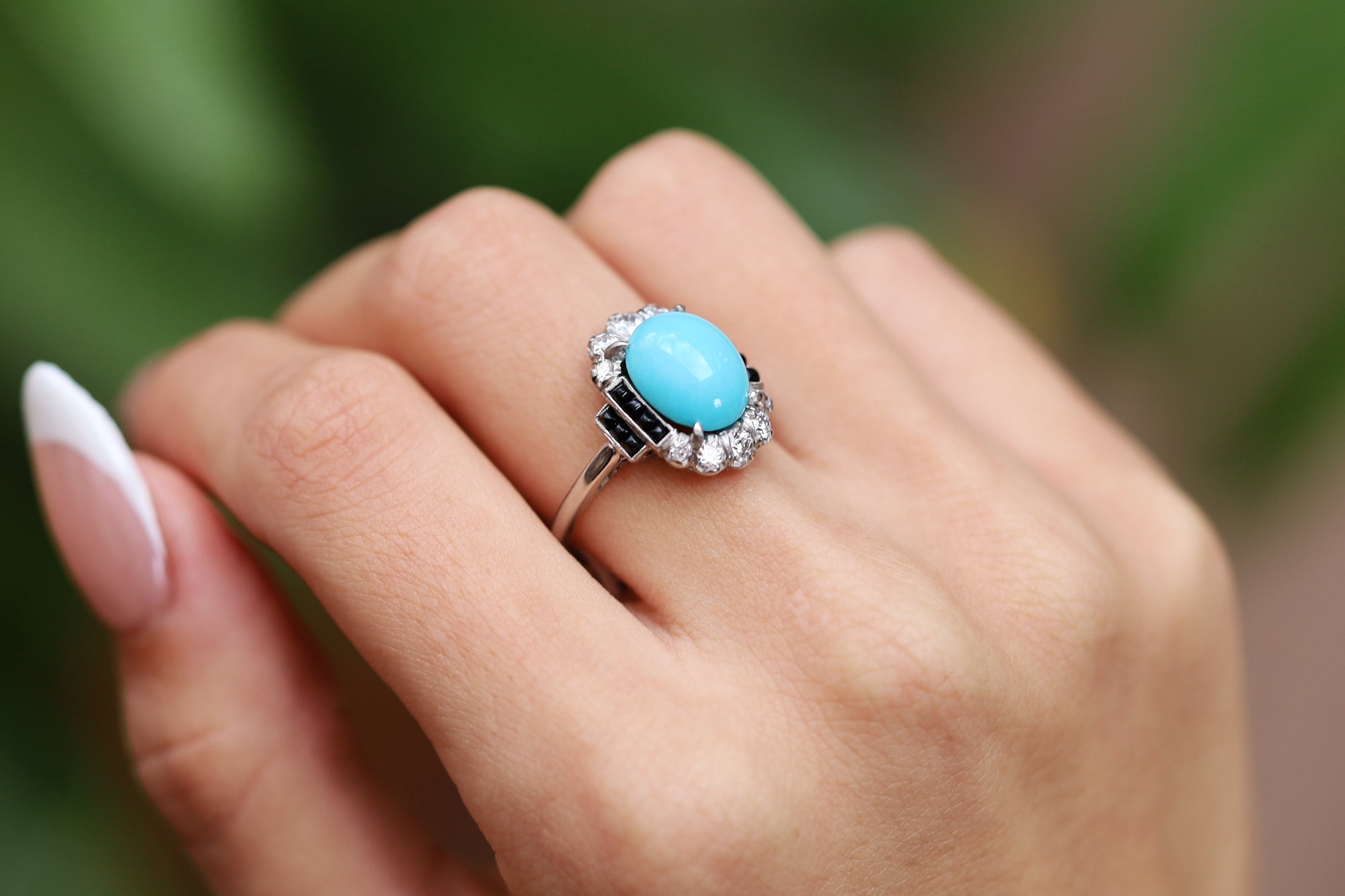 Art Deco Inspired Turquoise, Onyx and Diamond Cocktail Ring