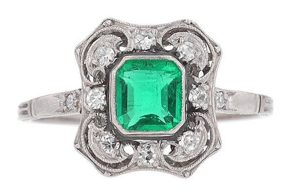 Antique Edwardian Filigree Emerald & Diamond Engagement Ring