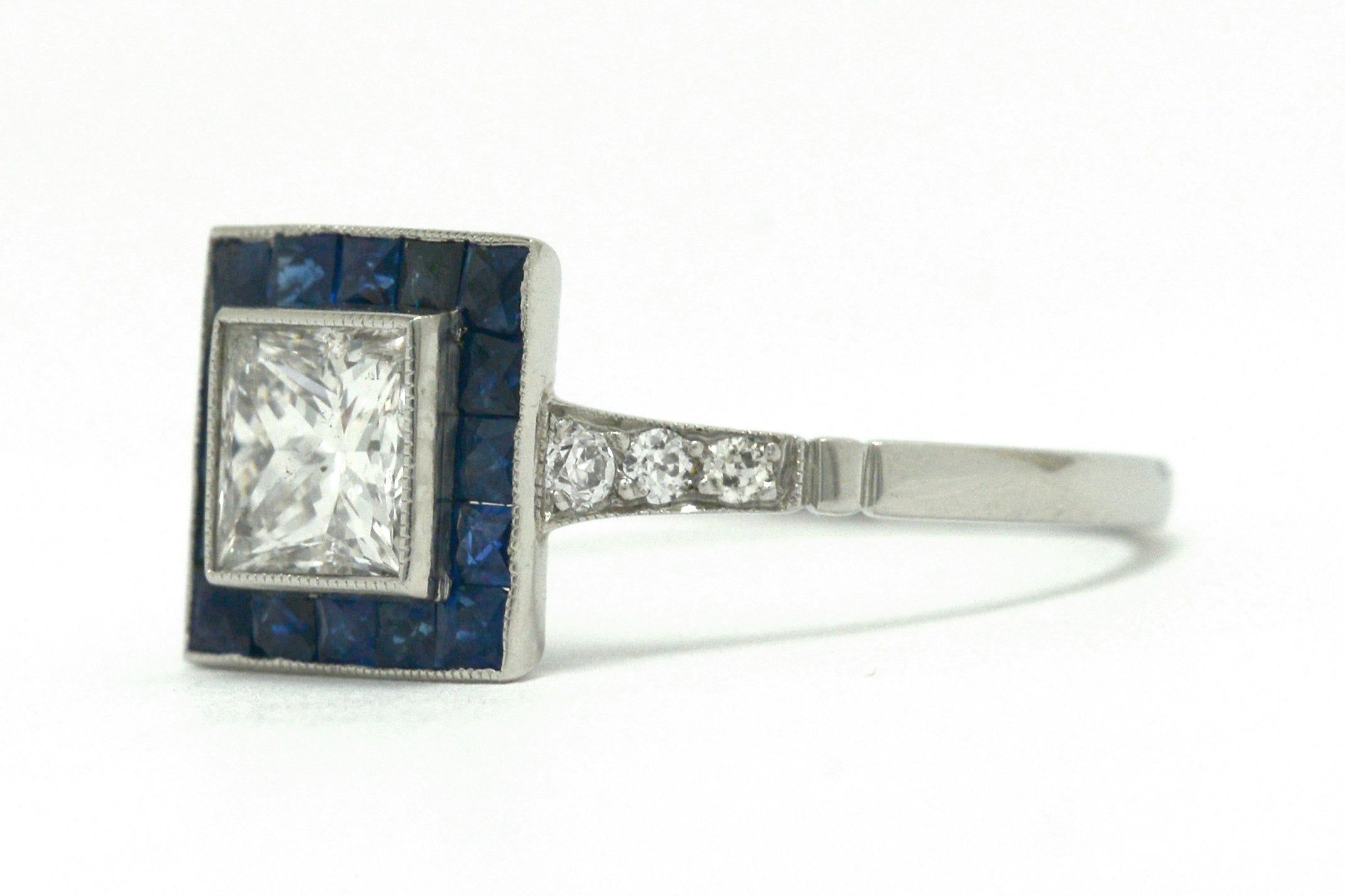 Art Deco Style Princess Cut Diamond Blue Sapphire Engagement Ring 1 Carat